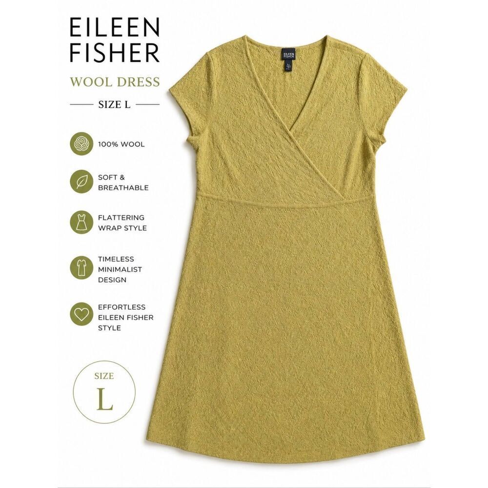 Eileen Fisher Textured Wool Blend Wrap Dress Olive Green Size L